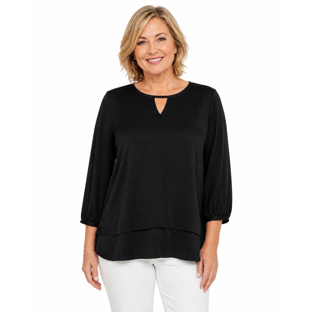 Chicos Womens Black Keyhole Layered Tunic 3/4 Sleeve Top Size 1 Medium Business